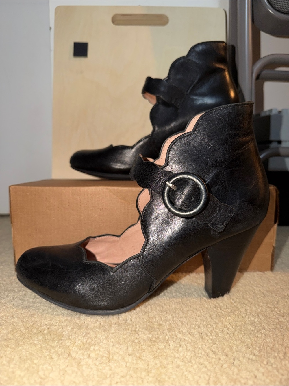 Miz Mooz Black Scalloped Leather Ankle Heeled Shoes with Buckle